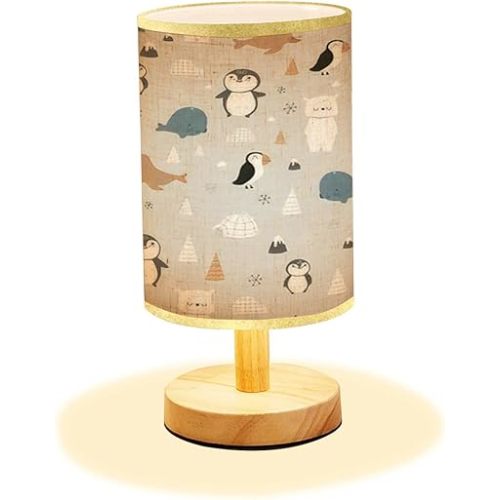 Minimalist Bedside Table Lamp Arctic Animals Seamless Design for Baby Girls or Boys Nursery Room Wood Nightstand Lamp Bedside Desk Lamp Wood Base Flaxen Fabric Shade for Bedroom Living Room