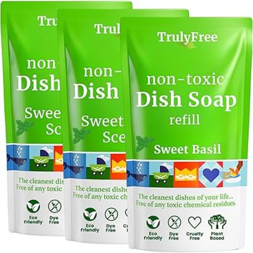 Truly Free Natural Concentrated Dish Detergent Dishwashing Liquid | Plant-Based Dish Soap | Sweet Basil Fresh Scent | Pack of 3