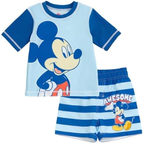 Disney Mickey Mouse Surfboard UPF 50+ Rash Guard Shirt & Swim Trunks Outfit Set Infant to Big Kid Sizes (12 Months - 14-16)