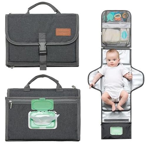 Momcozy Portable Diaper Changing Pad, Large Diaper Changing Pad, Fit for 0-12 Months Baby, Baby Waterproof Foldable Changing Mat with Oversized Pillow, Travel Baby Changing Pad with Wipes Pocket - Grey