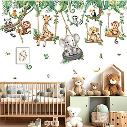 decalmile Jungle Animal on Swings Wall Stickers Safari Animal Elephant Giraffe Monkey Tropical Leaves Wall Decals Baby Nursery Kids Room Wall Decor