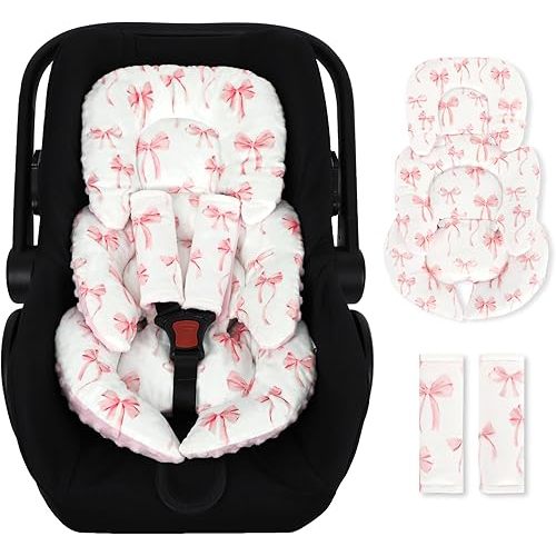 Infant Car Seat Insert Cushion, Baby Car Seat Head Body Support for Girls & Boys, Reversible Newborn Car Seat Insert with 2 Extra Strap Paddings, Premature Car Seat Cushion, Pink Bow
