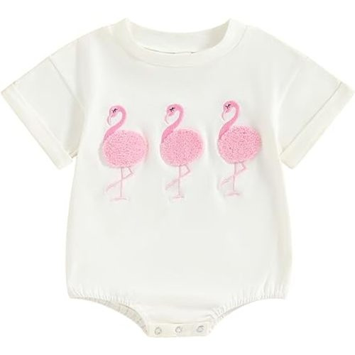 Infant Baby Girl Summer Outfits Flamingo Embroidery Short Sleeve Romper Sweatshirt Newborn Girl One Piece Outfits