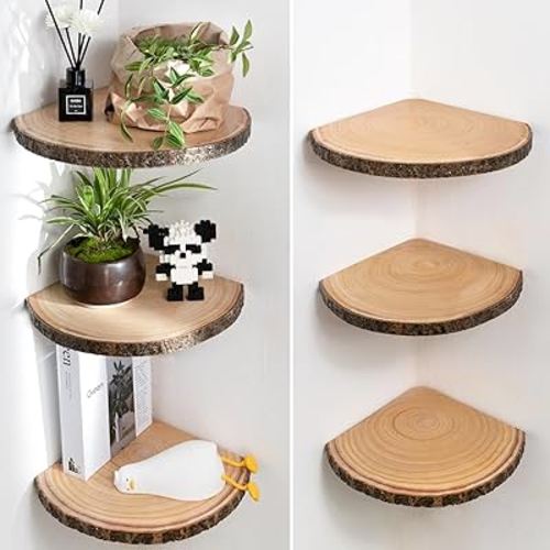 Live Edge Corner Shelves, Corner Floating Shelf, Solid Paulownia Wood Slices with Bark Decorations Style, Wall Mount Display Shelf with Wire Hole for Bedroom, Kitchen, Living Room (Set of 3)