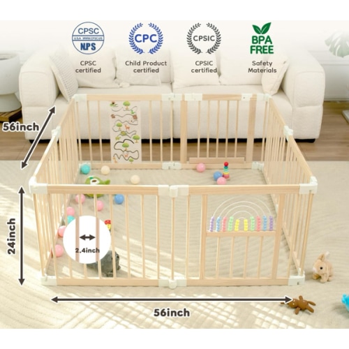 Foldable Wooden Baby Playpen Activity Center,Adjustable Size & Shape Portable Play Yard, Baby Fence Play Area with Gate for Indoor Use for Babies and Toddlers(56x56x24inches)
