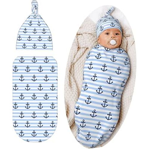 Striped Anchor Baby Stuff Swaddle Blanket Hat Set For Boys Girls, Soft Newborn Swaddle Sack Receiving Blanket Outfit Infant Shower Gift