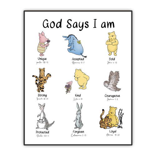 God Says I AM Nursery Room Decor, Winnie Wall Art, The Pooh Poster, Winnie and Friends Print, Christianity Religion Wall Art For Kids, Boys Girls Baby Nursery Bedroom Decor (Unframed 8"x10")