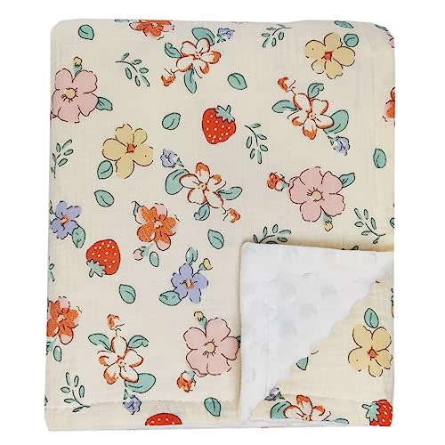 Baby Blanket Double Layer Cotton Muslin Toddler Thick Quilt Soft Neutral Receiving Blanket Strawberry Print 40x40 Inch