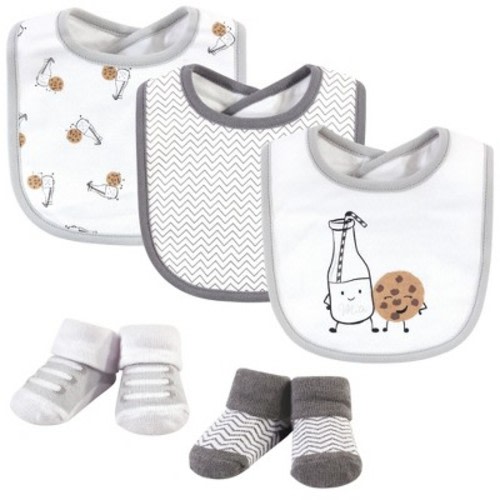 Hudson Baby Infant Cotton Bib and Sock Set 5pk, Milk And Cookies, One Size