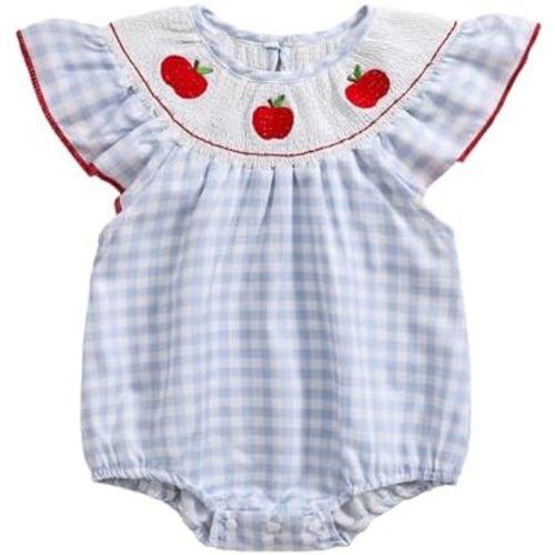 Kayotuas Newborn Baby Girls Smocked Bubble Romper Cute Embroidery Ruffle Gingham Bodysuit Dress Infant Toddler Summer Clothes