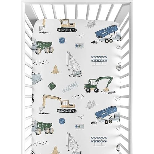 Sweet Jojo Designs Construction Truck Boy Fitted Crib Sheet Baby or Toddler Bed Nursery - Grey Yellow Black Blue and Green Transportation