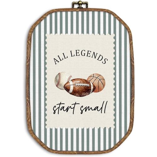 ZIKZAUDOU Vintage Sports Nursery Octagon Wall Art Framed, Football Baseball Basketball Canvas Prints Wall Decor, All Legends Start Small Hanging Decor for Kids Boys Room Nursery Playroom, 10.2x7 Inch
