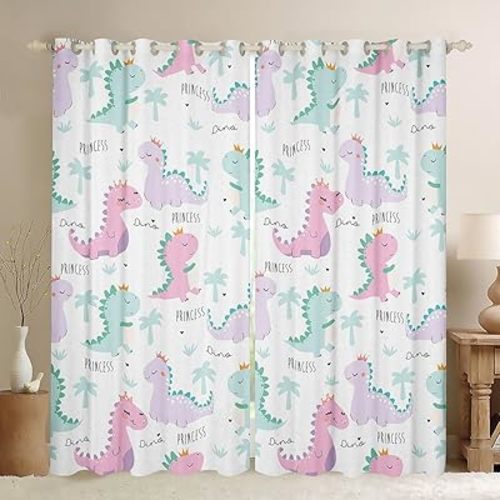 Erosebridal Dinosaur Window Curtains Pink Purple Dinos Curtain Panels for Kids Girls Cartoon Window Drapes Lovely Cute Animals Window Treatments Child Room Living Room Decor 42W x84L