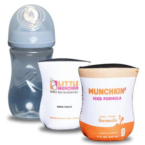 Coffee Themed Coozies for Baby Bottles - Funny Gift for New Parents & Baby Showers - (2 Premium Designed Neoprene Coozies + BPA/Lead/Phthalate Free Bottle Included)