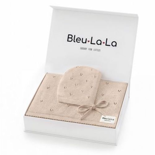 Luxury Organic Pointelle Cotton Baby Swaddle Receiving Blanket + Hat Gift Set for Newborns and Infant Boys & Girls - Oatmeal