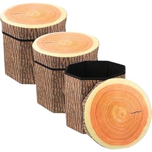 3 Pack Tree Stump Storage Stool 12 x 12 Inch Stool Ottoman, Cute Folding Storage Toy Box with Foam Cushion, Collapsible Seat Chest (Classic)
