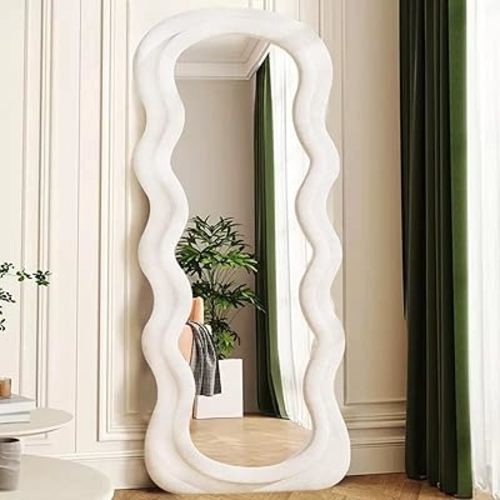 Full Length Mirror, 63" x 24"Irregular Wavy Mirror, Large Floor Length Mirrors Wall Mounted, Standing Wavy Mirrors with Flannel Wrapped Wooden Frame for Bedroom/Living Room, White