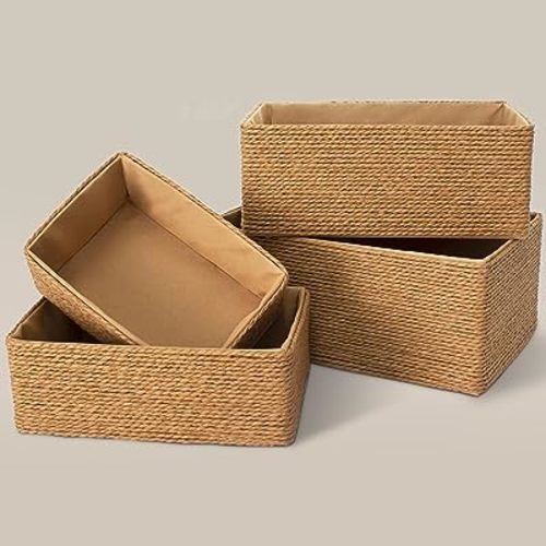 PROLAND Recycled Wicker Storage Basket, Paper Rope Storage Baskets for Organizing Container Bins for Shelves Cupboards Drawer, Small Woven Basket Set of 4