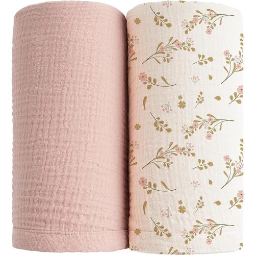 Konssy 2 Pack Muslin Swaddle Blankets for Baby Boys Girls, Receiving Blanket Large 47 x 47 inches, Soft Breathable Muslin Baby Blanket for Unisex Newborn(Pink, Floral) - Pink,floral