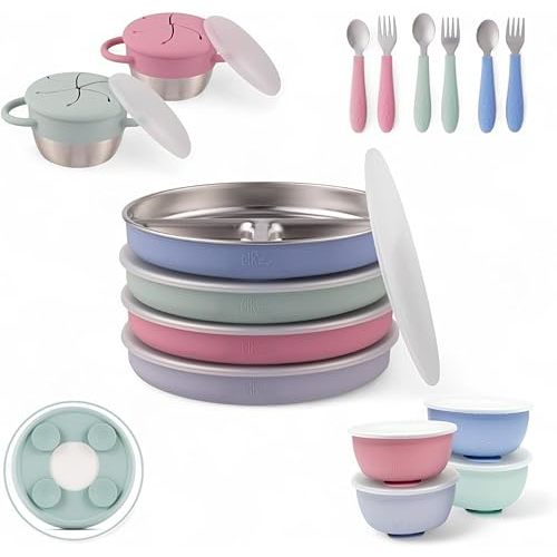 Elk and Friends Kids Stainless Steel Mealtime Bundle | Plates, Bowls, Snack Cups + Toddler Utensils | Silicone Suction Sleeves + Travel Storage Lids | Meals + Snacks | Dishwasher Safe