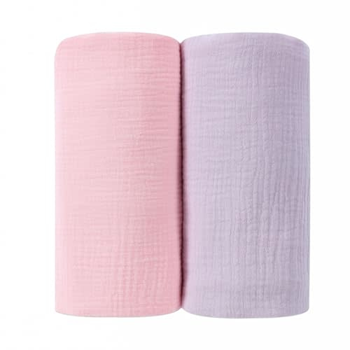 DaysU Muslin Baby Swaddle Blanket, Cotton Swaddling Blankets for Baby Boy and Girl, Nursery Skin-Friendly Baby Receiving Blanket for Newborns, Breathable Swaddle Wrap 2 Pack, 47”x47”-Pink+Lilac