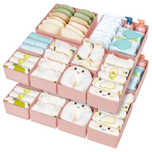 DIMJ Drawer Organizer Clothes 15 Pack - Foldable Dresser Organizer for Nursery, Bedroom, Closet - Pink Dividers for Baby Clothes, Underwear, Clothing, Sock, Belt, Tie