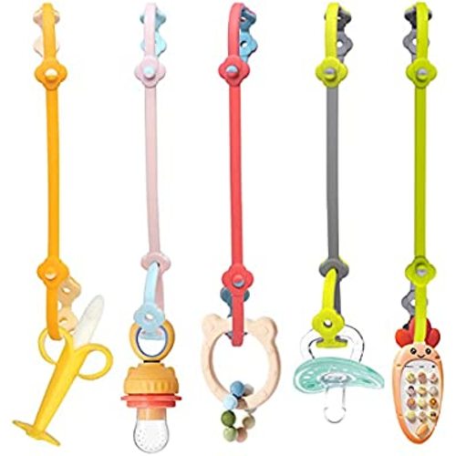 Toy Straps for Baby 5PK Silicone Toy Leash Holder for Stroller HighChairs Car seat, Secure-A-Toy Adjustable Length to Keep Toys Clean …