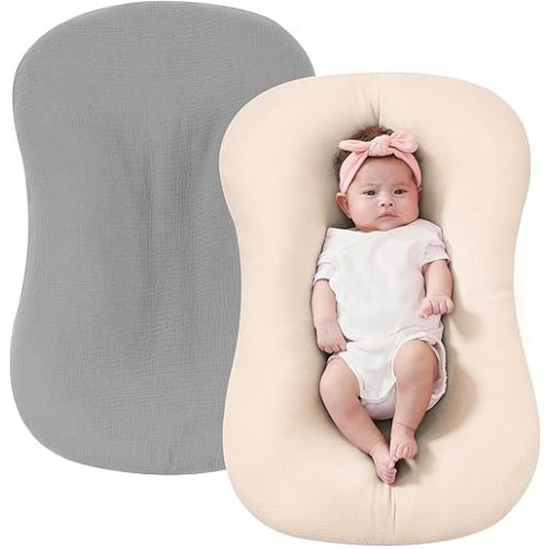 FUNUPUP Muslin Baby Lounger Cover Compatible with Snuggle Me Lounger, Infant Lounger Pillow Cover for Newborn, Removable Newborn Lounger Cover for Boys and Girls, Beige & Gray