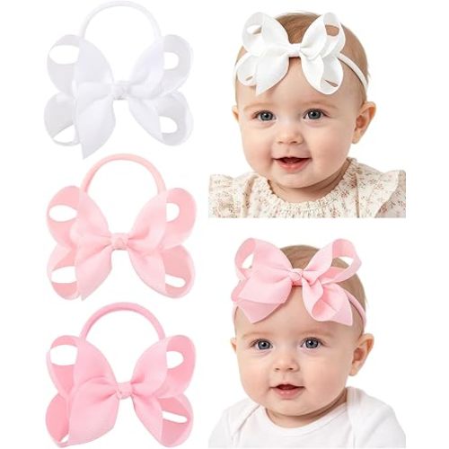 jollybows 3 PCS 4" Baby Girls Headbands Grosgrain Ribbon Hair Bows Nylon Hairbands for Infants Toddler Kids Teens Children Pink White