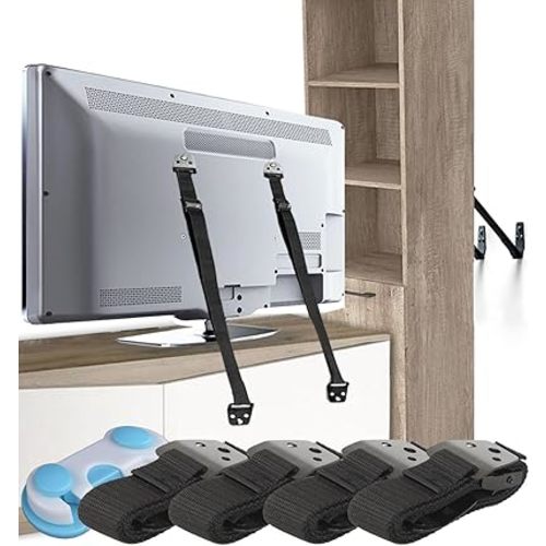 TV Safety Straps 4 Pack+Gift - Metal Furniture Straps for Baby Proofing - TV Straps Safety for Flat Screen - Earthquake Straps for Bookcases - Furniture Anchors Anti Tip Kit