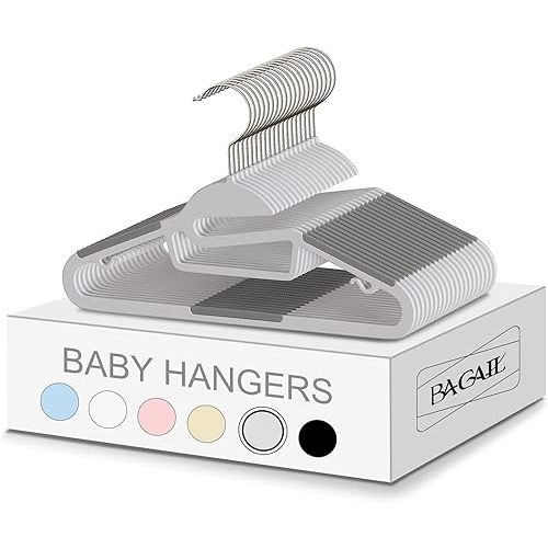 BAGAIL 12.6” Kids Plastic Hangers S-Slide 50 Pack Non-Slip Hangers 360° Swivel Hook Protect Collar Space Saving for Children Infant/Toddler Pants Coat-Grey
