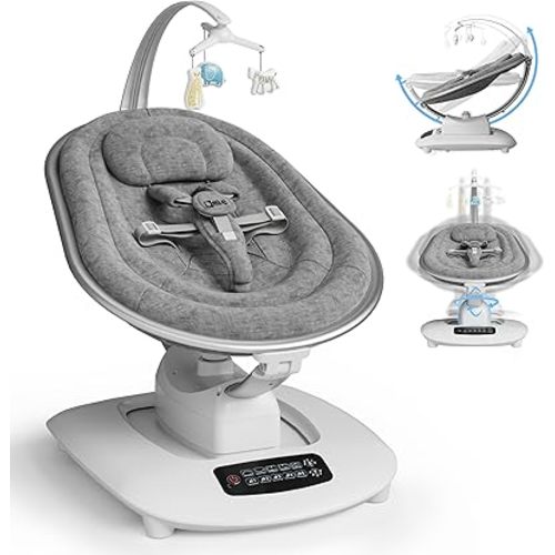 AMKE Luxury Electric Baby Swing for Infants, 45dB Quiet Dual Motor, 5 Soothing Motions, Aluminum Frame, 3 Recline Positions, Touch Panel, 5 Preset Songs, Spine Comfort for Newborns Swaying