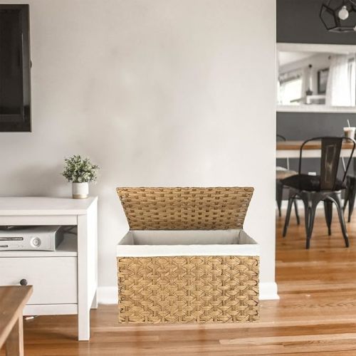 Wicker Storage Basket with Lid, 42.3 Gallon (160L) Large Blanket Basket with Lid, Woven Storage Bin with Handles, Removable Liner, Metal Frame, Foldable, for Bedroom, Laundry Room, Natural