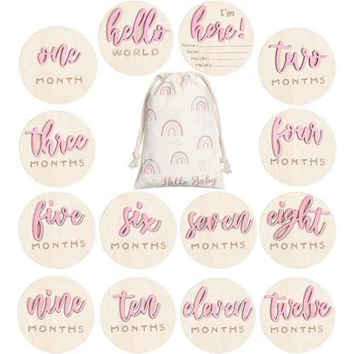 3D Baby Monthly Milestone Cards Sign 7 Pack Double Sided Wooden Circles Discs Baby Announcement Sign Hello World Newborn Sign for Baby Shower Newborn Photo Props(Pink)