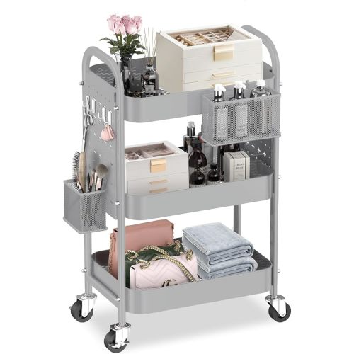 ALVOROG 3 Tier Rolling Cart with DIY Pegboards Metal Utility Cart with Wheels Handles Baskets Hooks, Craft Cart for Office Kitchen Bathroom(Khaki)