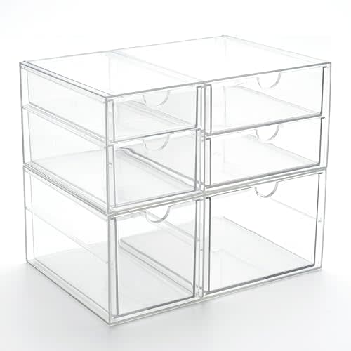 Prsildan Acrylic Drawer Makeup Organizer with 6 Drawers, Set of 2 Office Desk Organizers Accessories, Clear Stackable Storage Drawers for Vanity, Countertop, Craft, Jewelry (Largest Drawer 4.2" Tall)