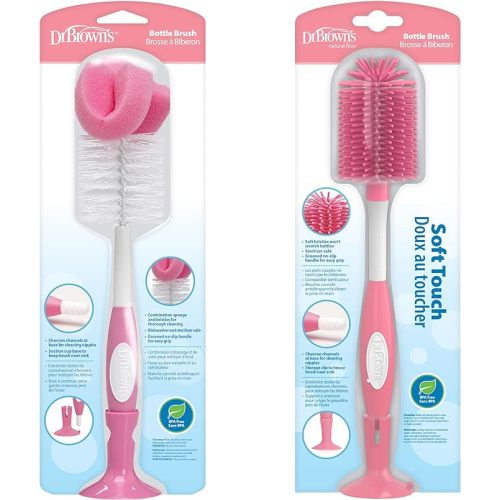 Dr. Brown's Baby Bottle and Nipple Brush Soft Touch and Sponge Brush, Pink Variety Pack, 2 Count