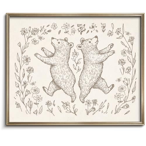 Vodefoad Bear Sketch Vintage Wall Art Retro Nursery Cheerful Bear Art Print Neutral Cottagecore Nursery Decor Farmhouse Rustic Bears Wall Decor for Gallery Nursery Bedroom Bathroom Office - 8x10Inch Unframe