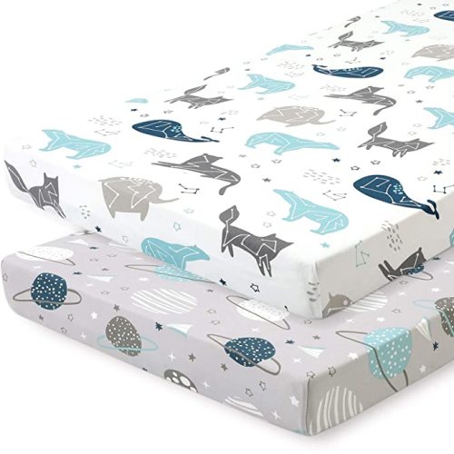 Pack n Play Sheets, BROLEX 2 Pack Mini Crib Sheets,Stretchy Portable Fitted Playard Sheet Set, Convertible Playard Mattress Cover,Ultra Soft Breathable Material,Space Planet