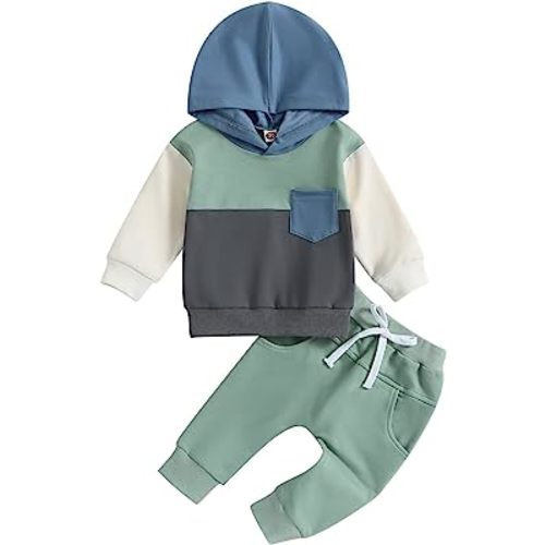 Ynibbim 0-3T Toddler Boys 2PCS Sweatshirt Patchwork Hoodie Fall Outfits Long Sleeve Contrast Color Tops Drawstring Pants Sets