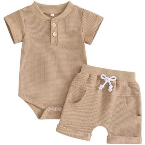 Kuriozud Newborn Baby Boy Summer Clothes Button Short Sleeve Romper Bodysuit Shorts Set Toddler Soft Waffle Outfit