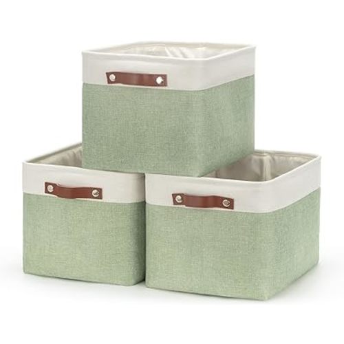 HNZIGE Storage Basket for Organizing Clothes(3 Pack) Decorative Storage Bins for Shelves Toys, Fabric Canvas Bins Storage Organizer with Handles(Gray&Green,15" X 11" X 9.5")