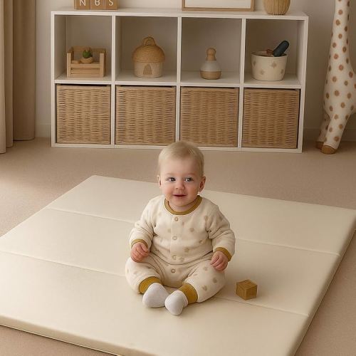 Jinrobabes Vegan Leather Foladable Baby Play Mat, Thicken Foam Cushioned & Waterproof Playpen Mat for Infants and Toddlers, Stylish and Just Wipe-Clean Playmat (Cream, 43" x 43")