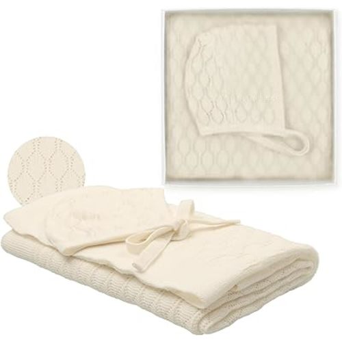 Peluche Pointelle Knit Baby Blanket with Bonnet - Luxurious Cuddle & Swaddle - Unisex Newborn Blanket - Knitted Blanket for Boys and Girls, Swaddle 0-3 Months (Cream, 29" x 36")