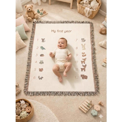 Woodland Baby Milestone Woven Blanket My First Year Nursery Gift