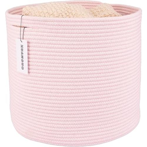 Cotton Rope Basket For Girls Boys Kids 16”X14” Baby Laundry Basket Nursery Bin Round Woven Basket Organizer For Storage Toys Blankets Shoes Clothes pink