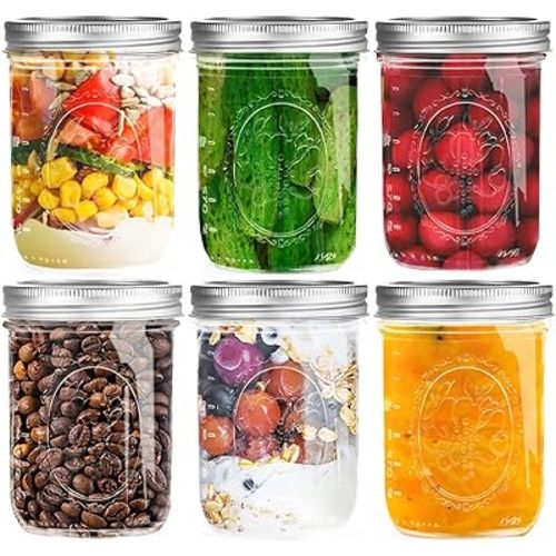 Wide Mouth Mason Jars 16 oz with Lids [6 Pack], Canning Jars with Metal Airtight Lids and Bands, 16 oz Glass Jars for Fermenting, Pickling, Freezing, Preserving, Meal Prep, Jar Décor