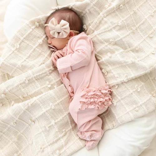 Lovely Pink Waffle Bamboo Zipper Ruffle Footie