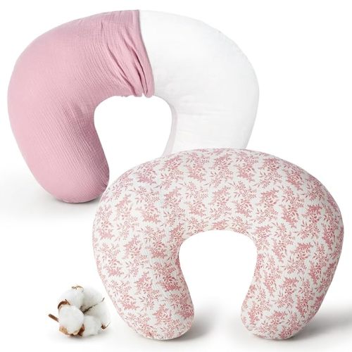 Muslin Nursing Pillow Cover Compatible with Boppy Nursing Pillow, Soft Baby Nursing Covers for Breastfeeding Pillows for Boys Girls, only Cover, Pink & Pink Leaves