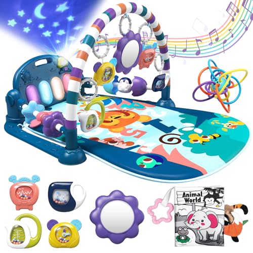 ESOLOM Baby Play Mat, Tummy Time Activity Mat Toys, Lovely Piano Baby Play Gym with 7 Infant Sensory Baby Toys, Baby Floor Play Mat for Newborn Baby 0-3-6-9-12 Months for Boys (Blue)
